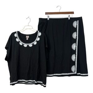 Chicos‎ Faux Wrap Skirt Set 2pc Black White 4X Stretch Jersey Knit Embroidered